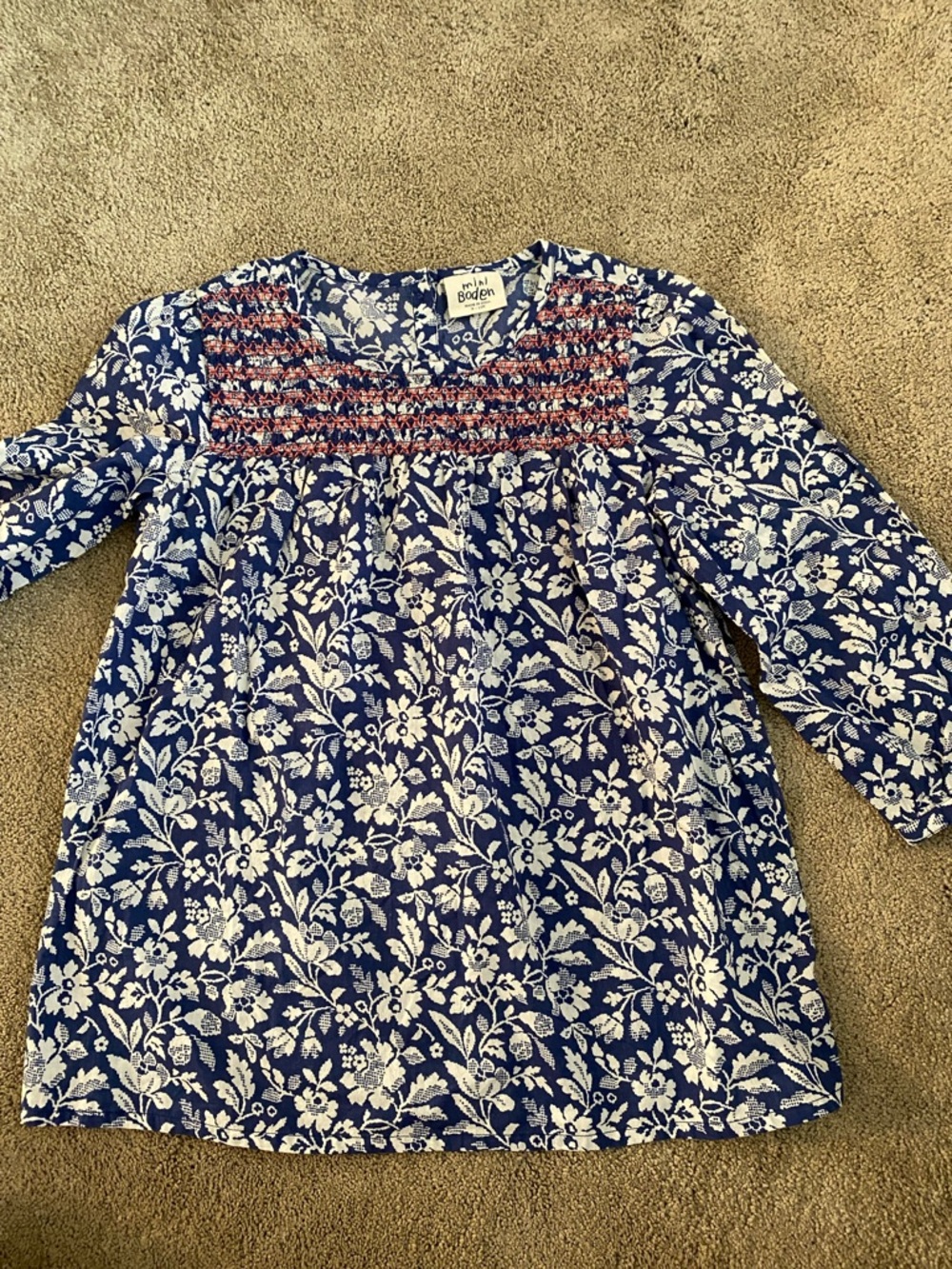 Mini Boden Navy and White Floral Smocked blouse